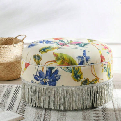 Yolanda 24 Round Upholstered Accent Ottoman, Peach Orange Velvet with Gold Trim