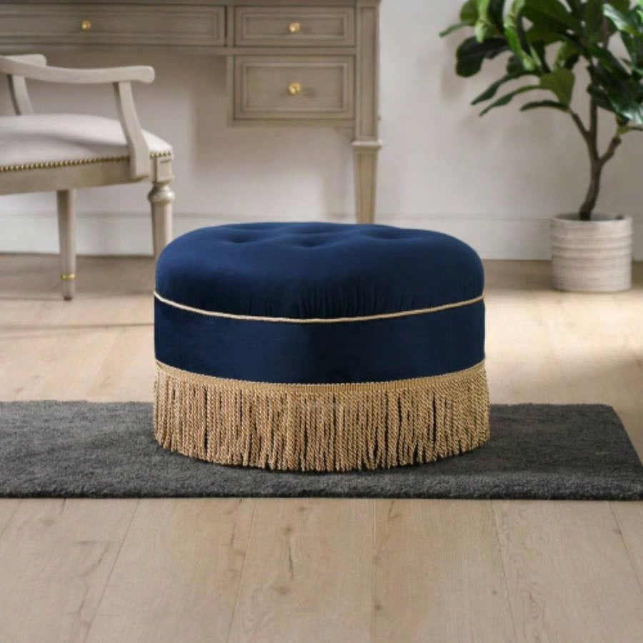 Yolanda 24 Round Upholstered Accent Ottoman, Peach Orange Velvet with Gold Trim