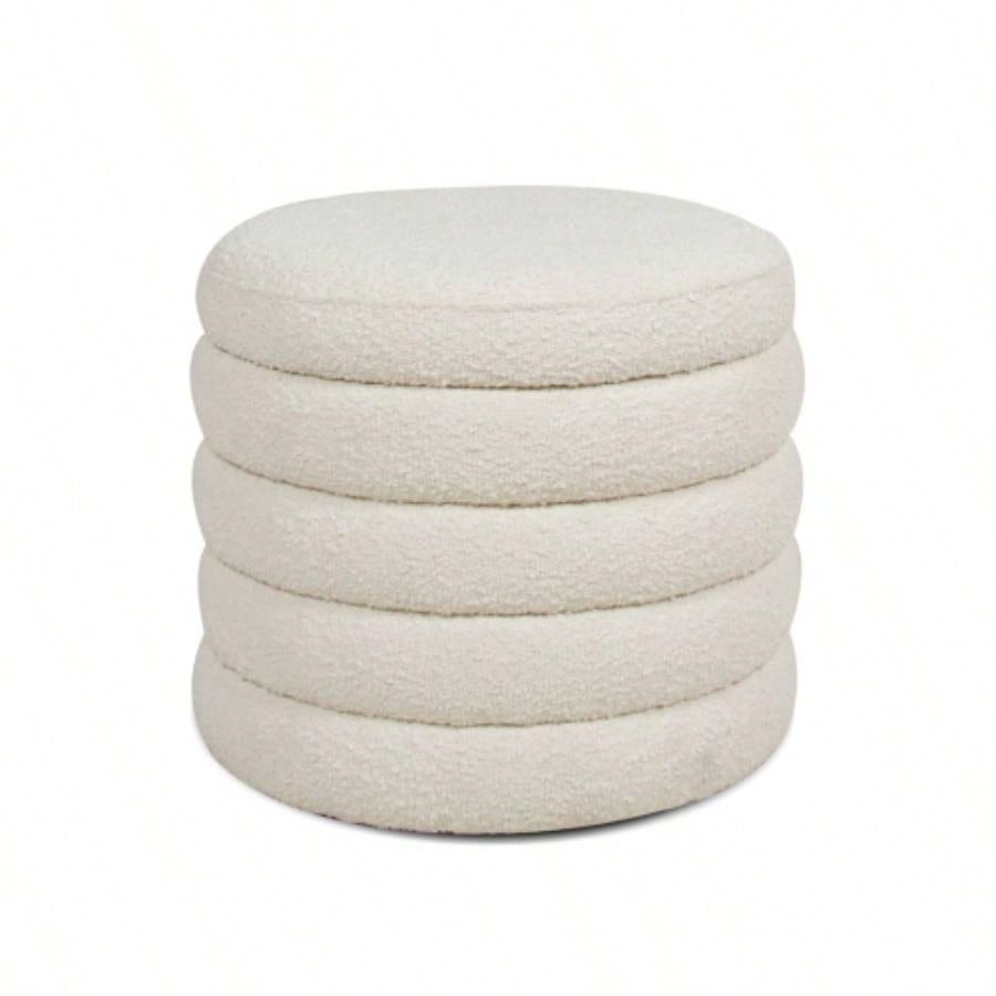 19 Oversized Round Storage Ottoman, Ivory White Boucle
