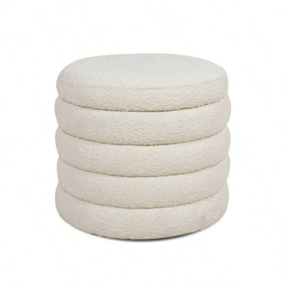 19 Oversized Round Storage Ottoman, Ivory White Boucle