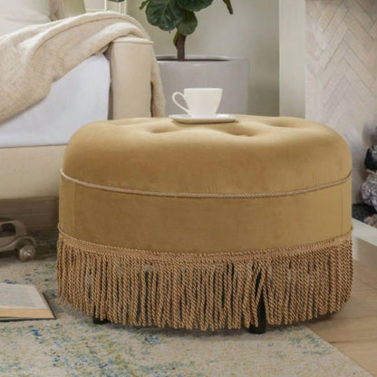 Yolanda 24 Round Upholstered Accent Ottoman, Peach Orange Velvet with Gold Trim