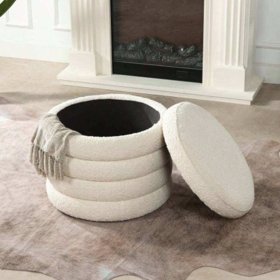 19 Oversized Round Storage Ottoman, Ivory White Boucle