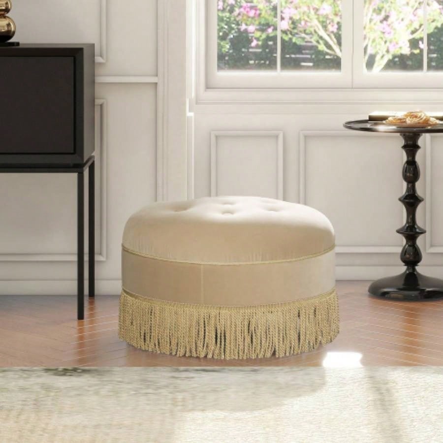 Yolanda 24 Round Upholstered Accent Ottoman, Peach Orange Velvet with Gold Trim