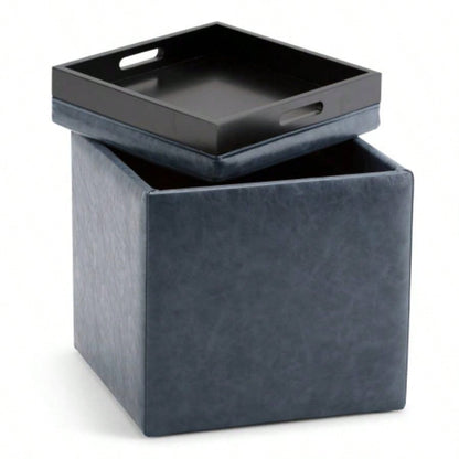 Rockwood - Cube Storage Ottoman with Tray - Blue