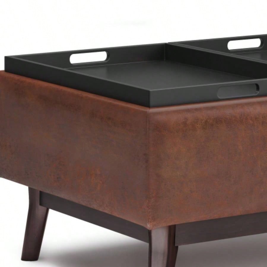 Owen - Tray Top Small Coffee Table Storage Ottoman - Distressed Brown