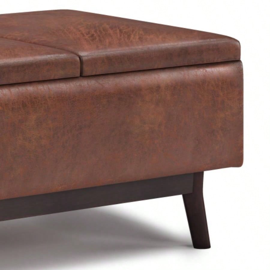 Owen - Tray Top Small Coffee Table Storage Ottoman - Distressed Brown