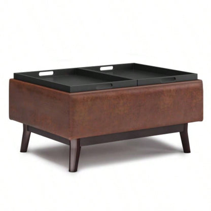 Owen - Tray Top Small Coffee Table Storage Ottoman - Distressed Brown