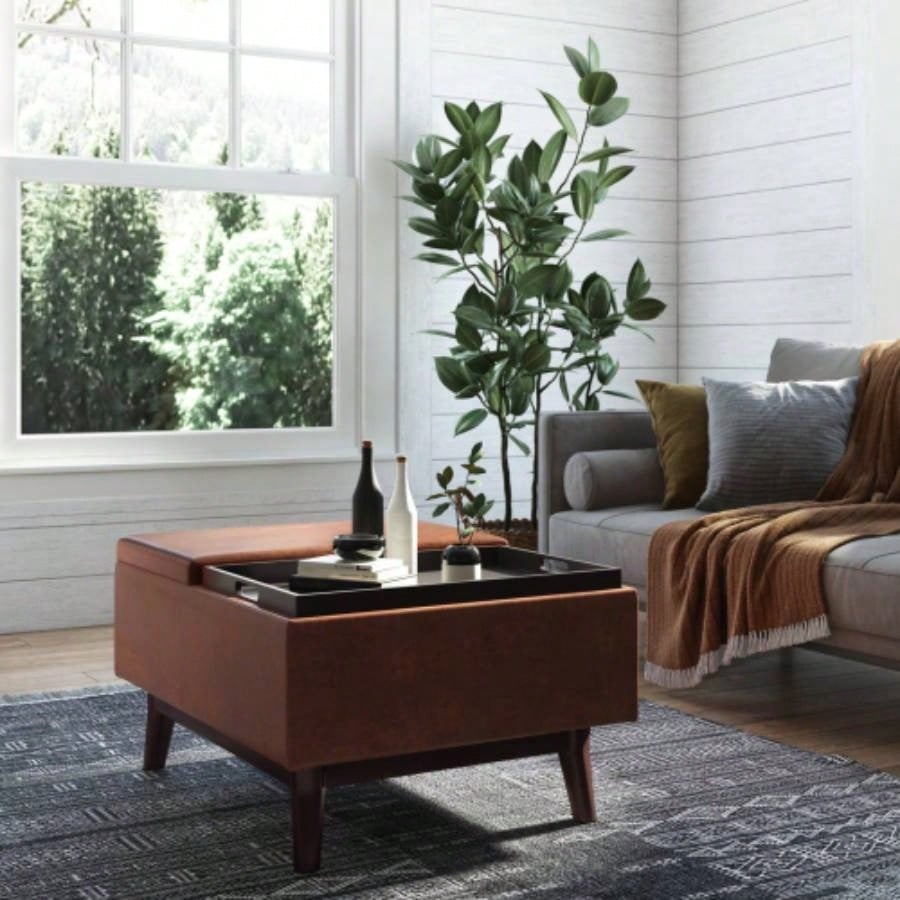Owen - Tray Top Small Coffee Table Storage Ottoman - Distressed Brown