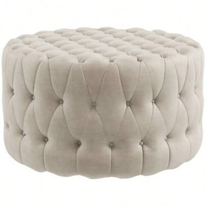HOMCOM 31.5 Round Ottoman, Large Velvet - Feel Upholstered Foot Stool with Button Tufted Design and Padded Living Room, Entryway, Beige