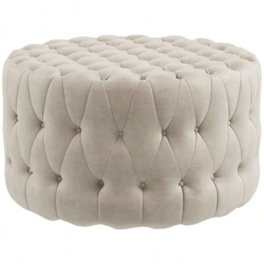 HOMCOM 31.5 Round Ottoman, Large Velvet - Feel Upholstered Foot Stool with Button Tufted Design and Padded Living Room, Entryway, Beige