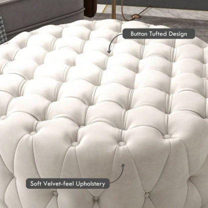 HOMCOM 31.5 Round Ottoman, Large Velvet - Feel Upholstered Foot Stool with Button Tufted Design and Padded Living Room, Entryway, Beige