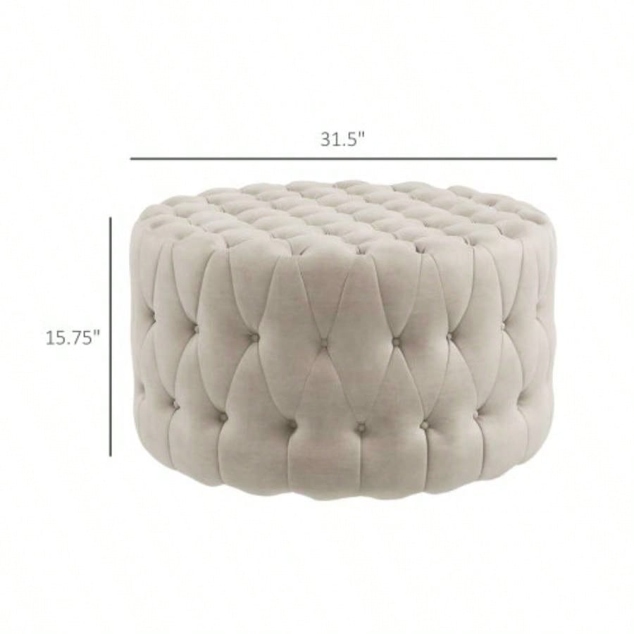 HOMCOM 31.5 Round Ottoman, Large Velvet - Feel Upholstered Foot Stool with Button Tufted Design and Padded Living Room, Entryway, Beige