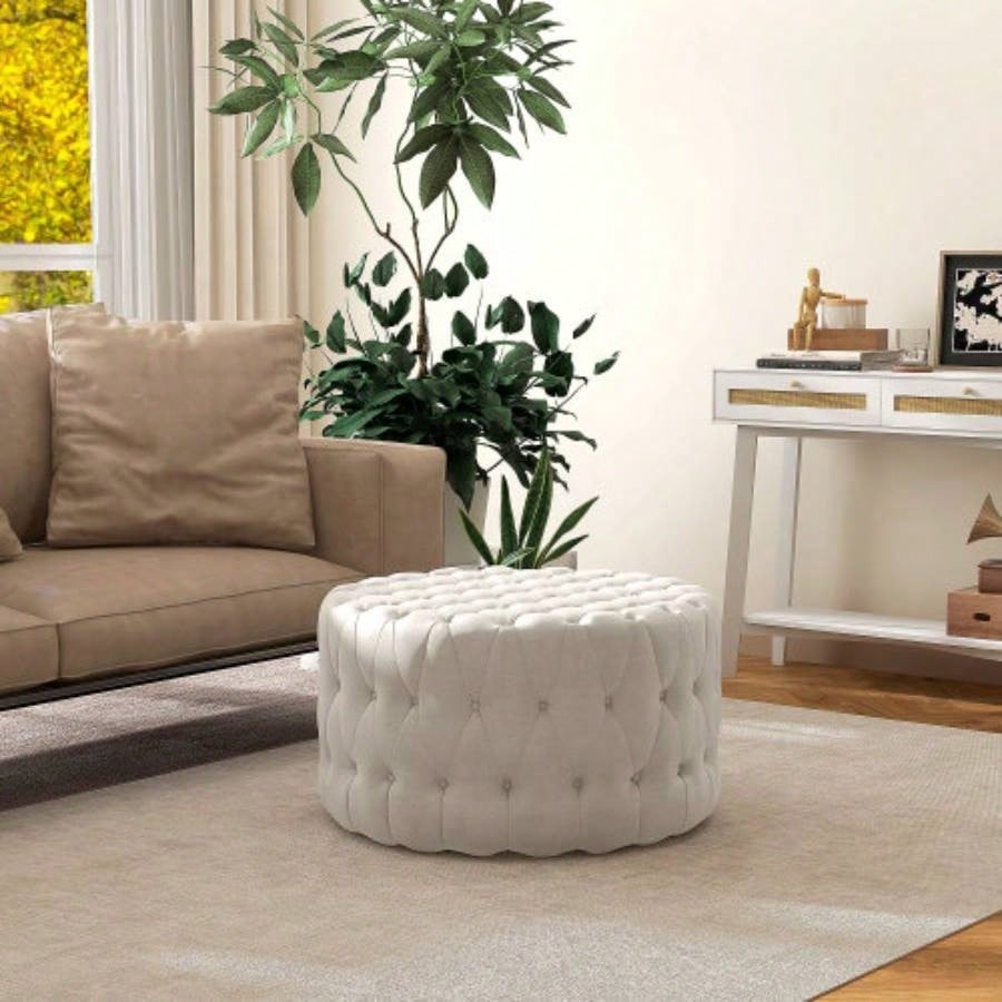 HOMCOM 31.5 Round Ottoman, Large Velvet - Feel Upholstered Foot Stool with Button Tufted Design and Padded Living Room, Entryway, Beige