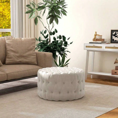 HOMCOM 31.5 Round Ottoman, Large Velvet - Feel Upholstered Foot Stool with Button Tufted Design and Padded Living Room, Entryway, Beige