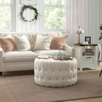 HOMCOM 31.5 Round Ottoman, Large Velvet - Feel Upholstered Foot Stool with Button Tufted Design and Padded Living Room, Entryway, Beige
