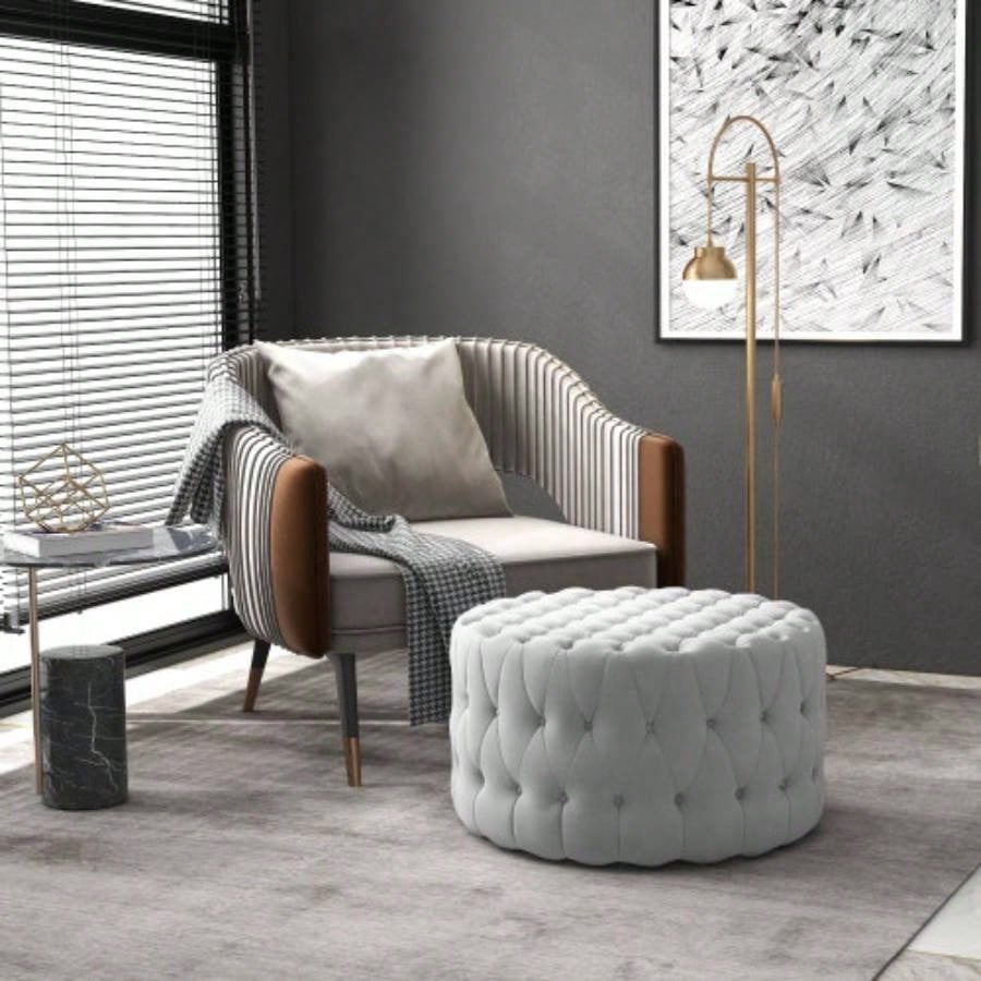 HOMCOM Button Tufted Ottoman Foot Stool with Velvet - feel Upholstery, Gray