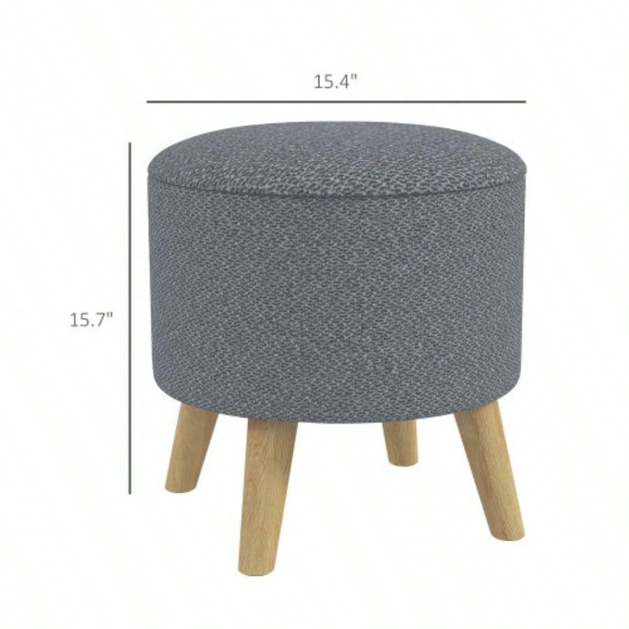 HOMCOM Storage Ottoman, Round Stool Chair with Cushioned Top, Gray