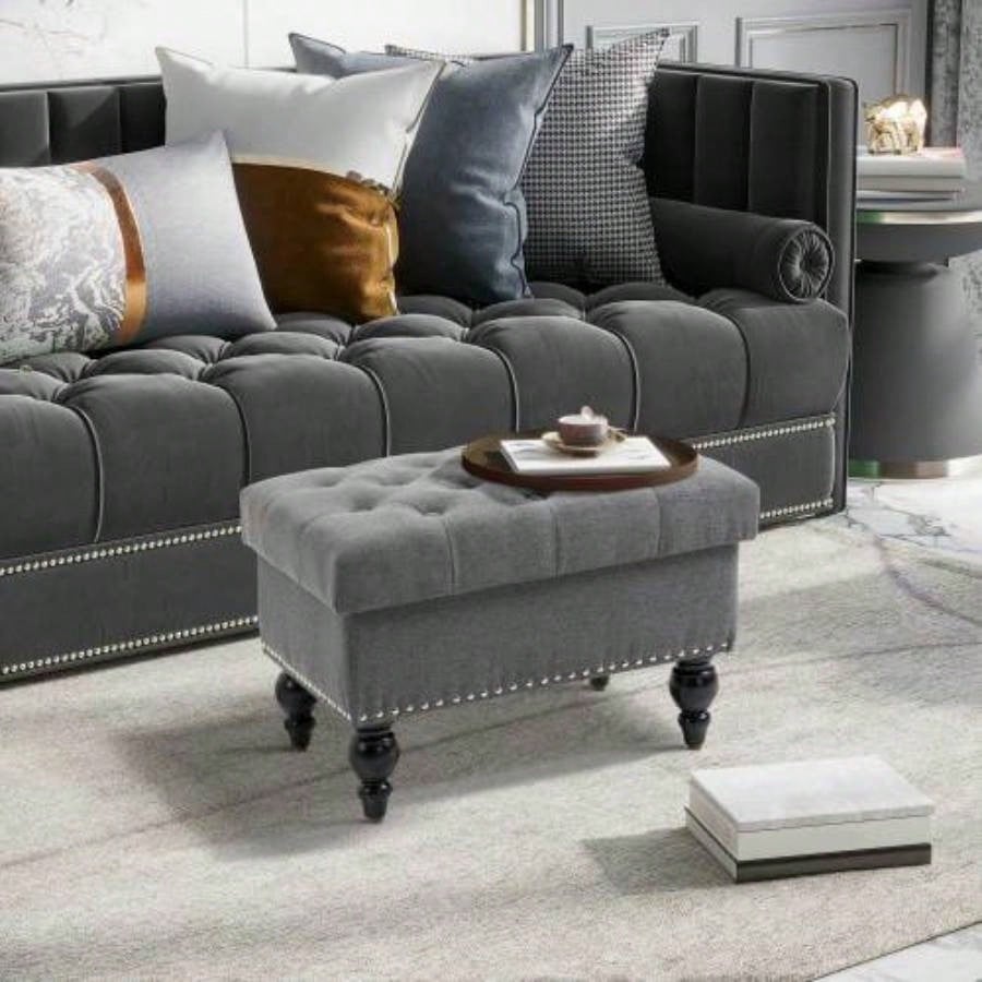 HOMCOM Ottoman with Storage Living Room, 25 Storage Ottoman with Removable Lid, Button - Tufted Fabric Footrest and with Wood, Gray