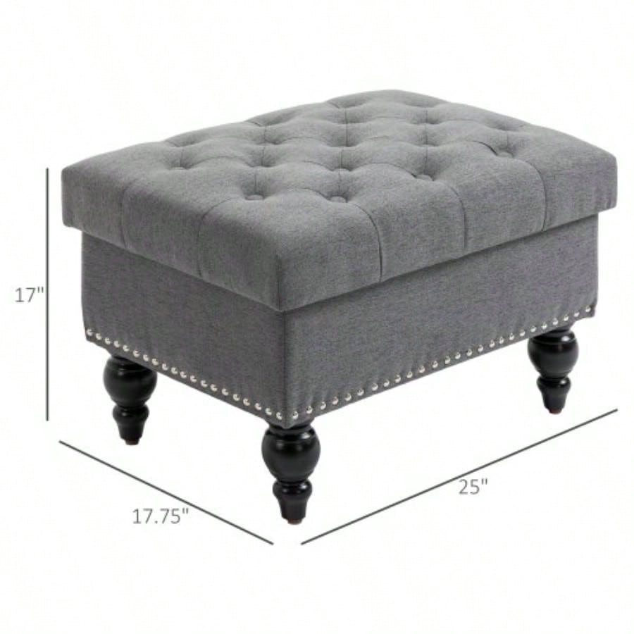 HOMCOM Ottoman with Storage Living Room, 25 Storage Ottoman with Removable Lid, Button - Tufted Fabric Footrest and with Wood, Gray