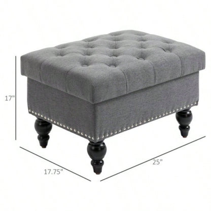 HOMCOM Ottoman with Storage Living Room, 25 Storage Ottoman with Removable Lid, Button - Tufted Fabric Footrest and with Wood, Gray