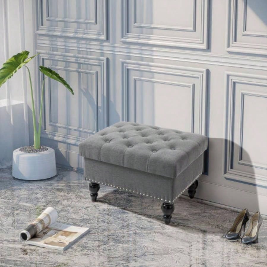 HOMCOM Ottoman with Storage Living Room, 25 Storage Ottoman with Removable Lid, Button - Tufted Fabric Footrest and with Wood, Gray
