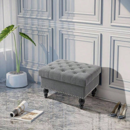 HOMCOM Ottoman with Storage Living Room, 25 Storage Ottoman with Removable Lid, Button - Tufted Fabric Footrest and with Wood, Gray