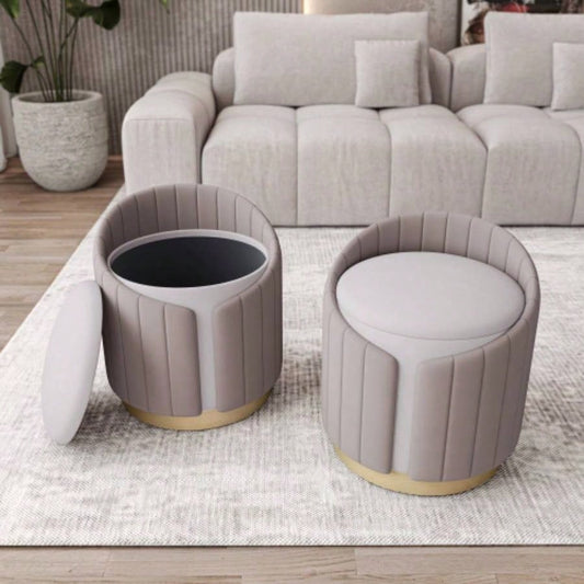 Two - Toned Ottoman with Storage or Vanity Stool, Taupe
