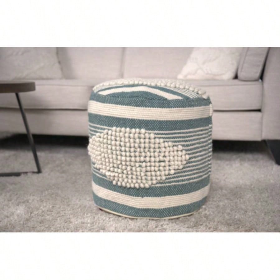 Handcrafted Fabric Cylindrical Pouf, White and Teal