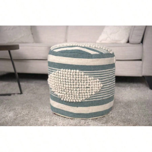 Handcrafted Fabric Cylindrical Pouf, White and Teal