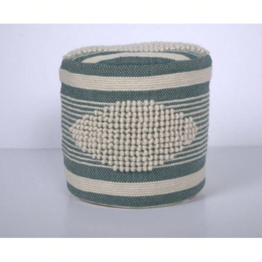 Handcrafted Fabric Cylindrical Pouf, White and Teal