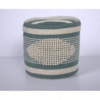 Handcrafted Fabric Cylindrical Pouf, White and Teal