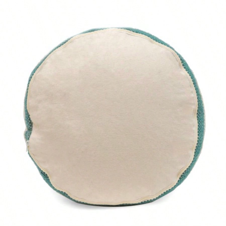 Handcrafted Fabric Cylindrical Pouf, White and Teal