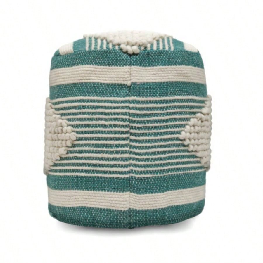 Handcrafted Fabric Cylindrical Pouf, White and Teal