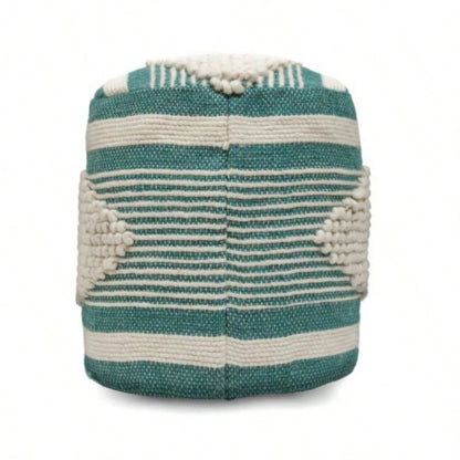 Handcrafted Fabric Cylindrical Pouf, White and Teal
