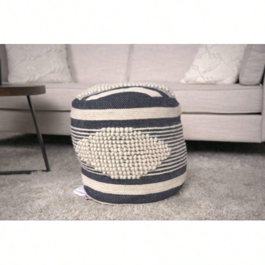 Handcrafted Fabric Cylindrical Pouf, White and Teal