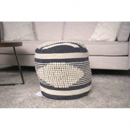 Handcrafted Fabric Cylindrical Pouf, White and Teal