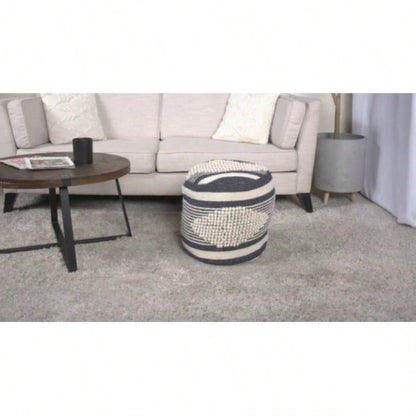 Handcrafted Fabric Cylindrical Pouf, White and Teal