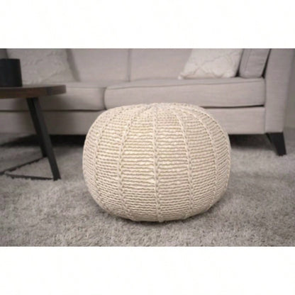 Knitted Cotton Round Pouf, Beige