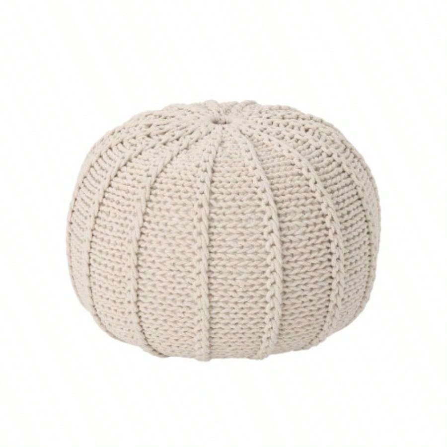 Knitted Cotton Round Pouf, Beige
