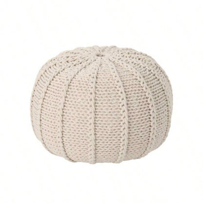 Knitted Cotton Round Pouf, Beige