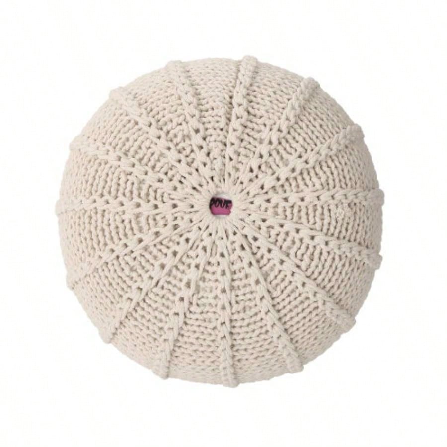 Knitted Cotton Round Pouf, Beige