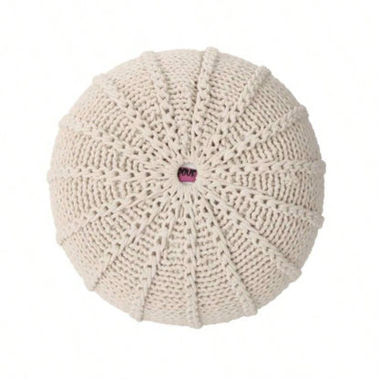 Knitted Cotton Round Pouf, Beige