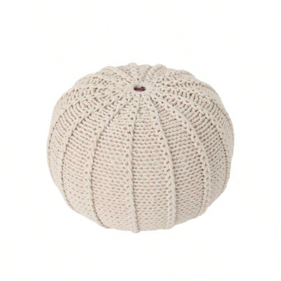 Knitted Cotton Round Pouf, Beige