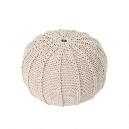 Knitted Cotton Round Pouf, Beige