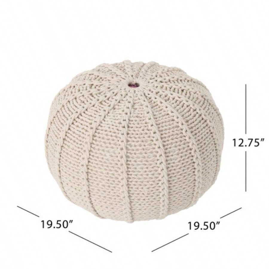 Knitted Cotton Round Pouf, Beige