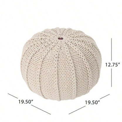 Knitted Cotton Round Pouf, Beige