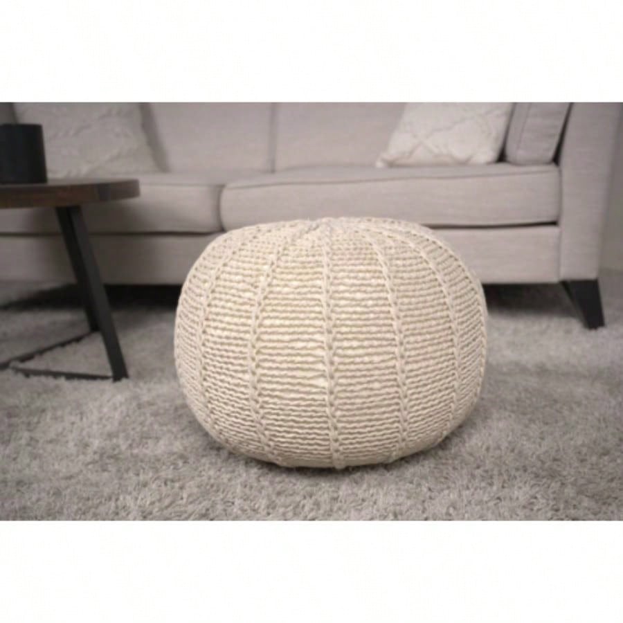 Knitted Cotton Round Pouf, Beige