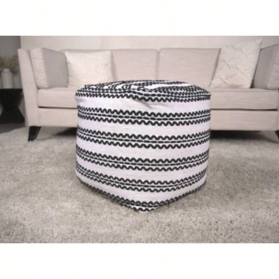Lani Handcrafted Fabric Pouf, Natural with Black