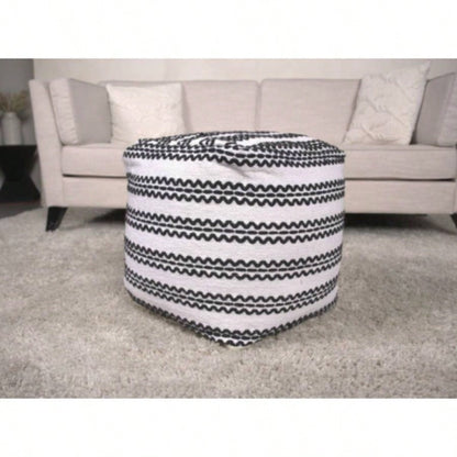 Lani Handcrafted Fabric Pouf, Natural with Black