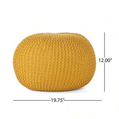 Knitted Cotton Round Pouf, Yellow